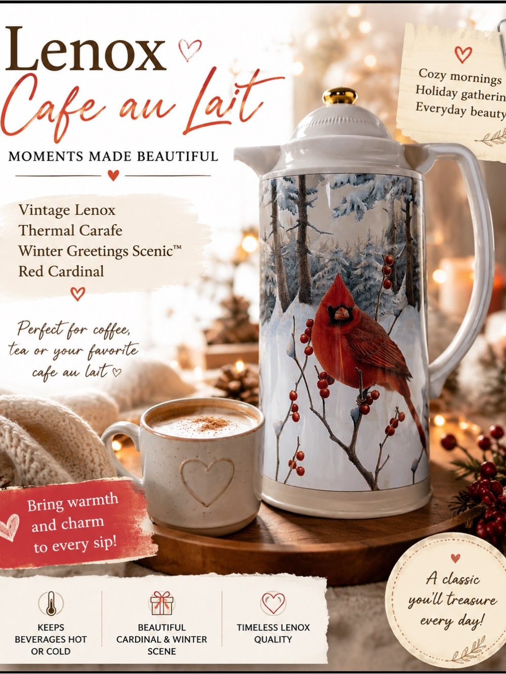 Lenox Metal Vintage Thermal Carafe with Red Cardinal Winter Scene XMAS IN JULY